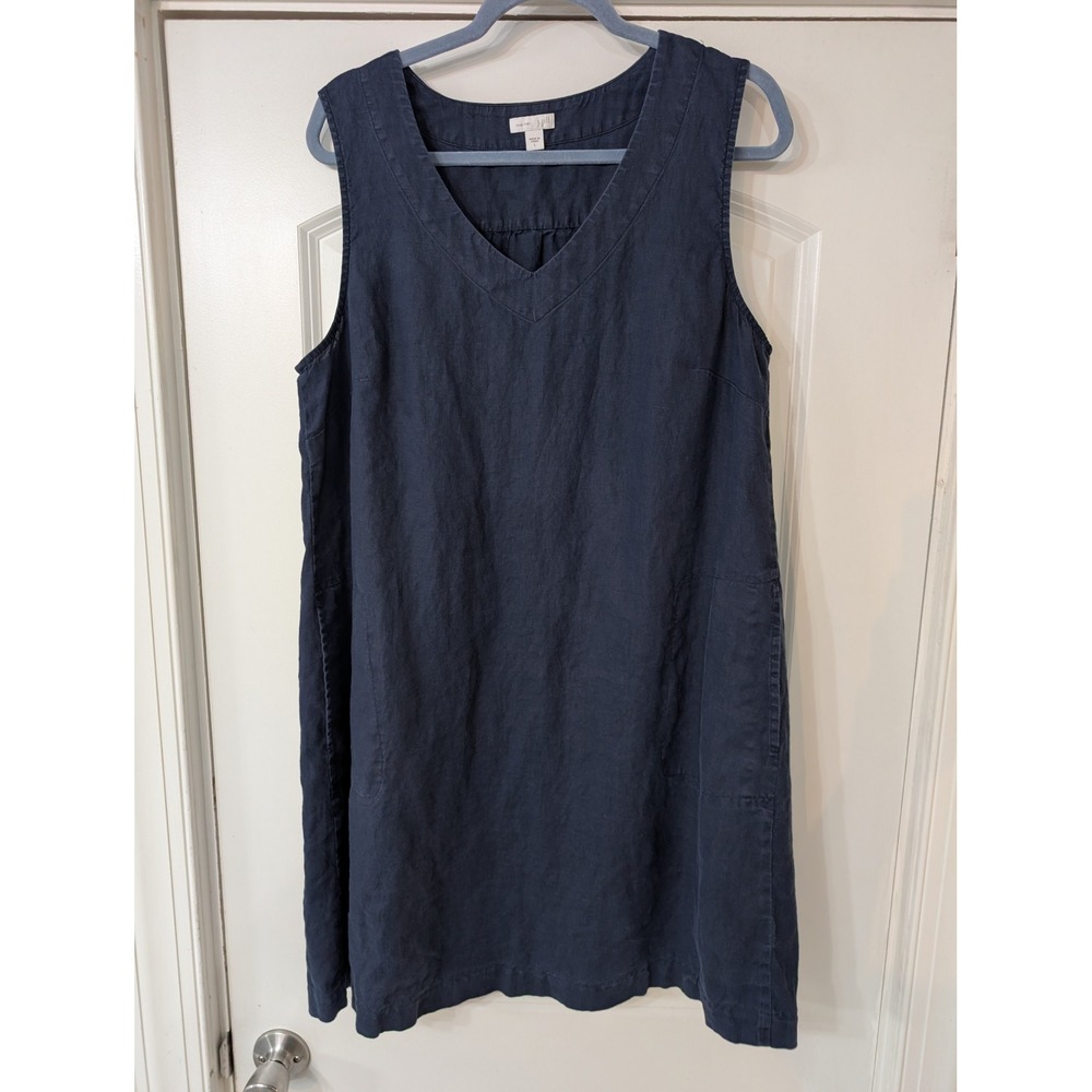 J.Jill Love Linen Navy Blue V-Neck Sleeveless Shift Dress Womens Large beachy
